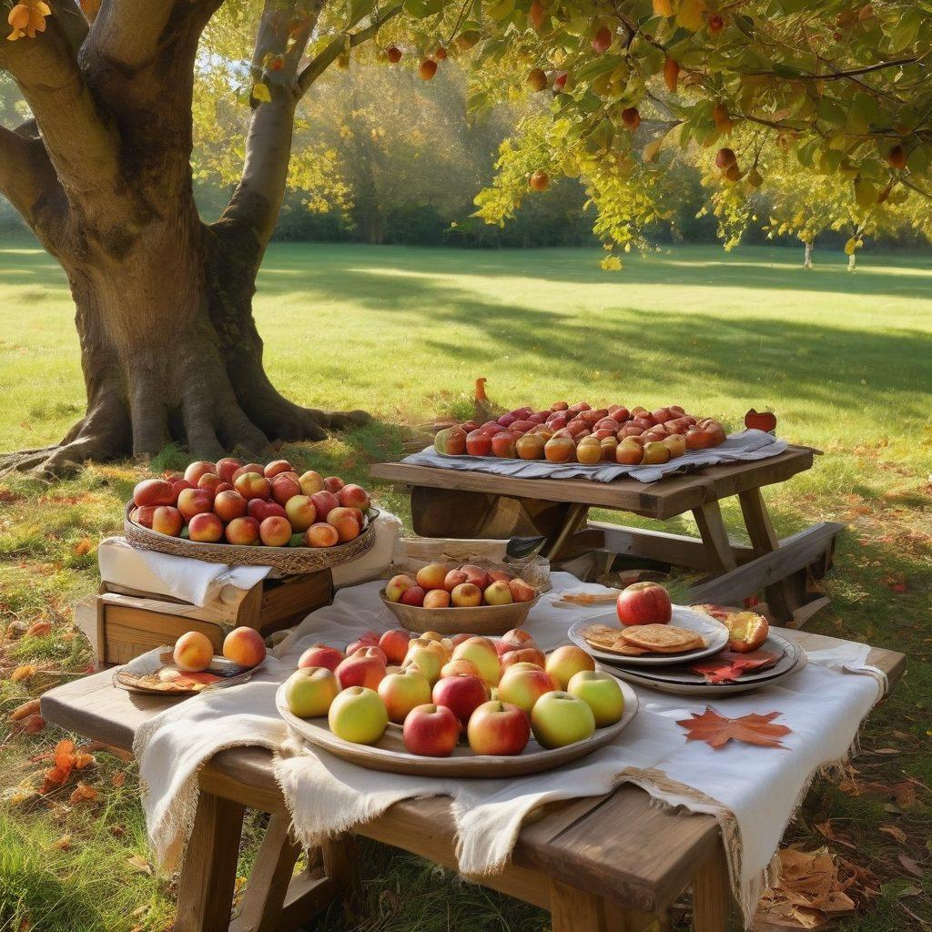 A vibrant orchard filled with various apple trees, showcasing a spectrum of seasonal apple varieties in rich reds, greens, and yellows. A rustic wooden table is set beneath the trees, adorned with delicious homemade apple treats like pies, cider, and caramel apples. Sunlight filters through the branches, casting dappled shadows, enhancing the cozy autumn atmosphere. Include elements of nature like fallen leaves and gentle breezes. painting. warm colors. rustic style.