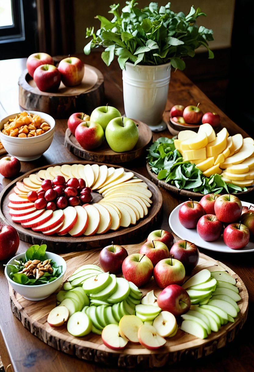 A beautifully arranged display of gourmet apple snacks, showcasing an array of dishes like apple slices with caramel dip, apple-topped cheese platters, and vibrant apple salads. Include rustic wooden tableware and fresh apples in various colors. The setting should evoke a warm, inviting atmosphere with soft natural light. super-realistic. vibrant colors. warm tones.