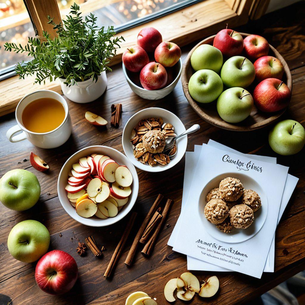 A rustic wooden table topped with an array of healthy homemade apple snacks, including apple slices with almond butter, apple chips, and apple cinnamon energy balls. Surround the snacks with fresh apples, cinnamon sticks, and sprigs of mint, creating a cozy atmosphere. Soft, natural light filters through a nearby window and casts gentle shadows. Add small decorative elements like a recipe card and a steaming cup of herbal tea. super-realistic. vibrant colors. warm tones.
